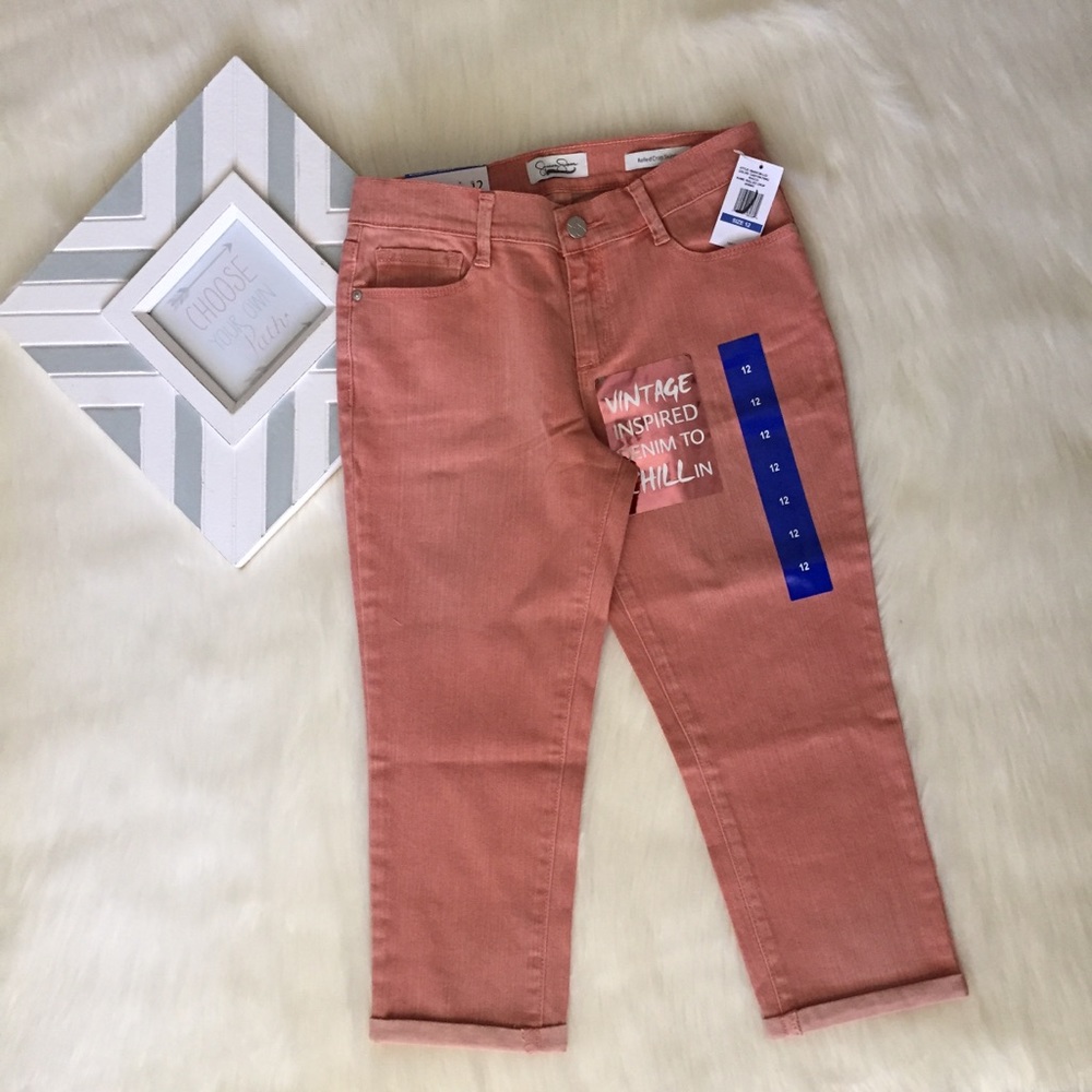 Girls Peach Color Rolled Crop Skinny